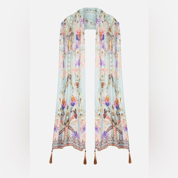 Camilla “Love Web” blue silk floral boho scarf shawl headwrap belt top